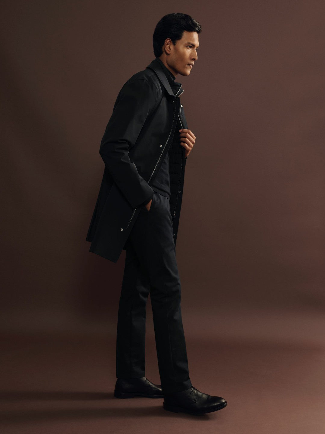 Men Hybrid Removable Funnel Neck Overcoat in Navy