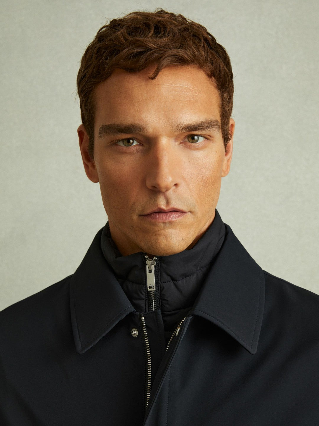 Men Hybrid Removable Funnel Neck Overcoat in Navy
