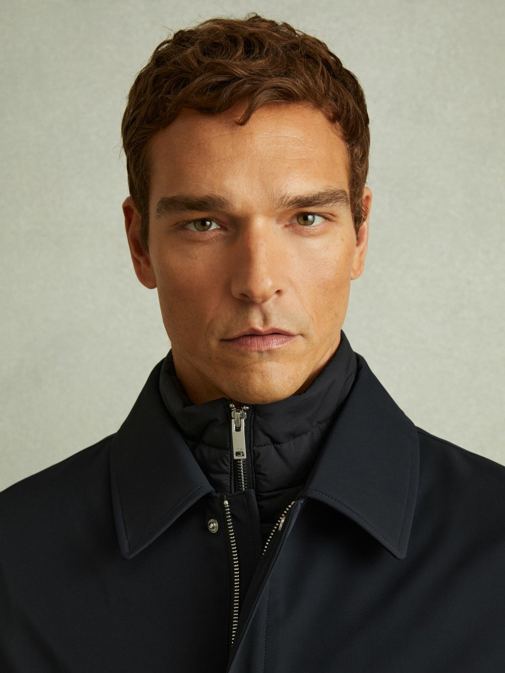 Men Hybrid Removable Funnel Neck Overcoat in Navy