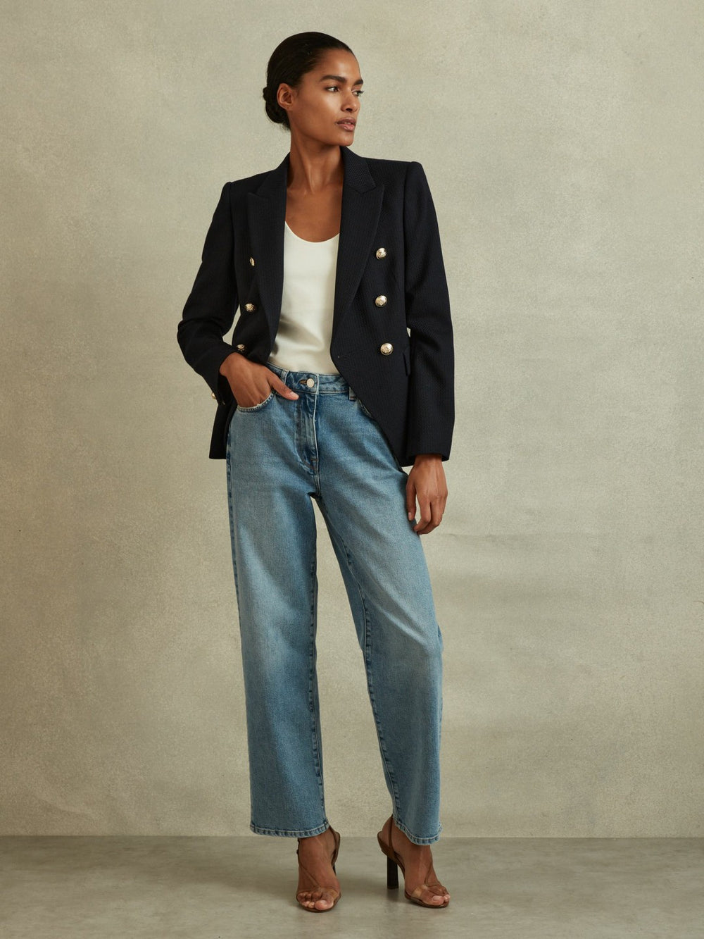 Women Petite Tailored Fit Textured Double Breasted Blazer in Navy
