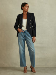 Women Petite Tailored Fit Textured Double Breasted Blazer in Navy