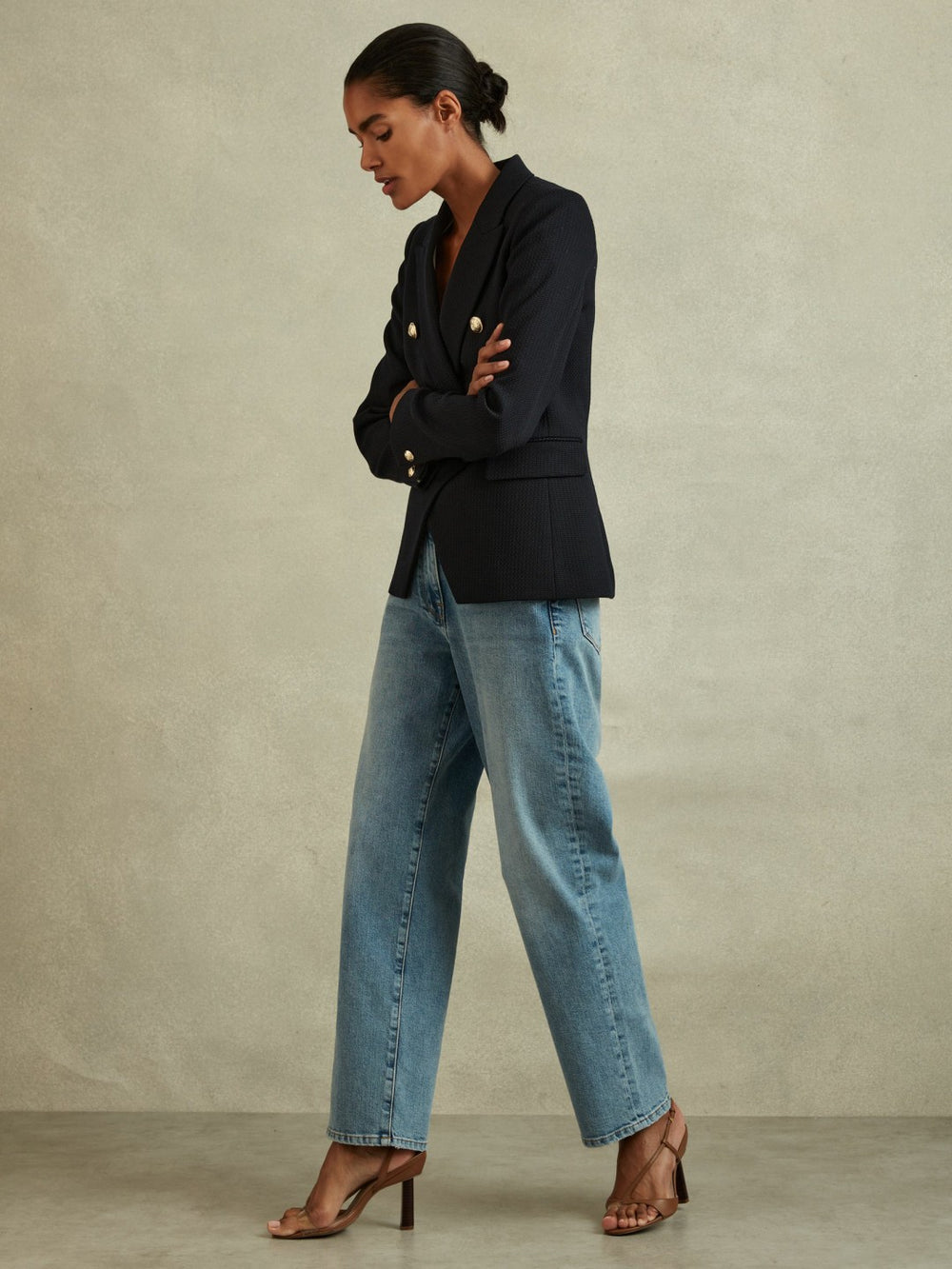 Women Petite Tailored Fit Textured Double Breasted Blazer in Navy