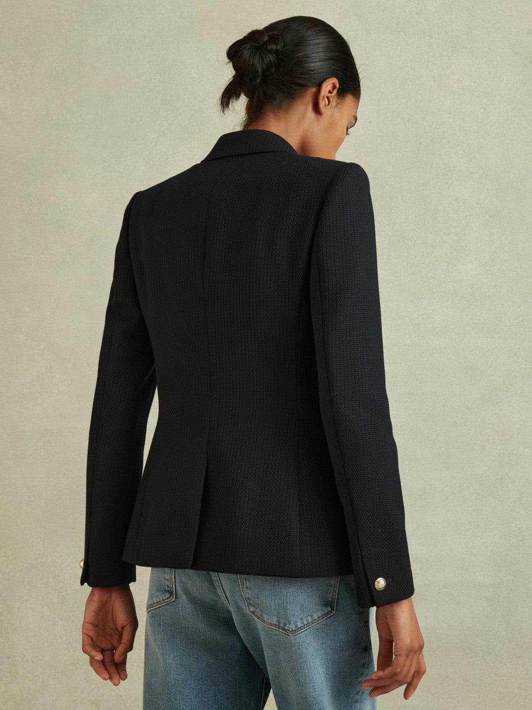 Women Petite Tailored Fit Textured Double Breasted Blazer in Navy