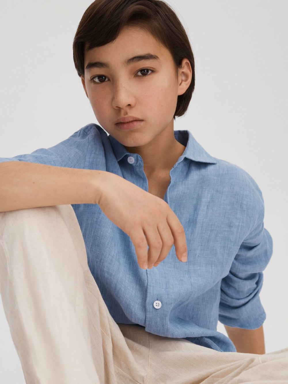 Children & Baby 3-9 yrs Linen Cutaway Collar Shirt in Sky Blue