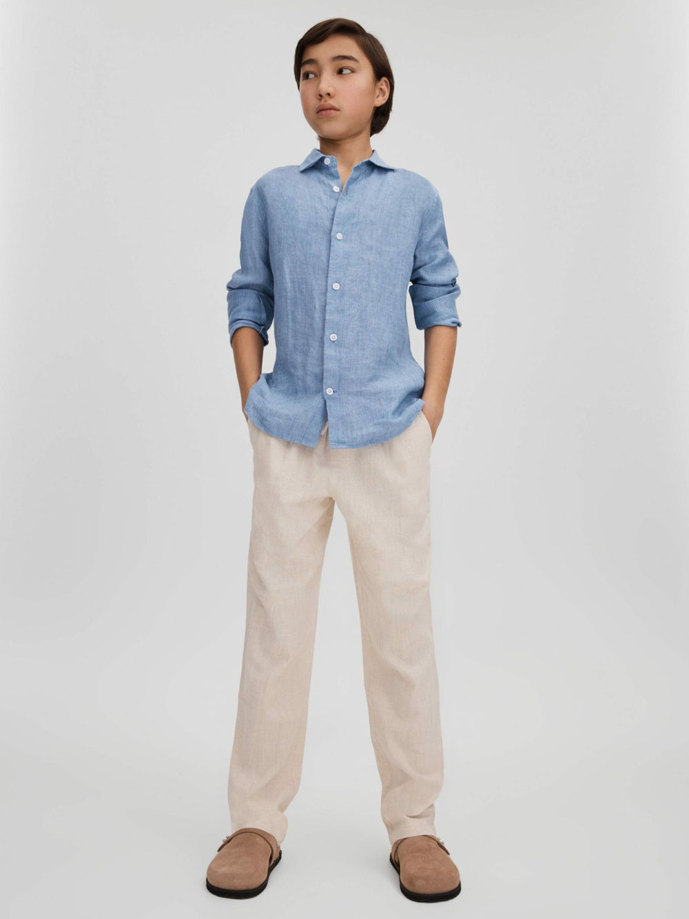 Children & Baby 9-13 yrs Linen Cutaway Collar Shirt in Sky Blue