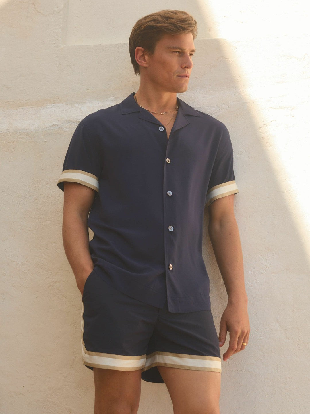 Men | Ché Cuff Detail Cuban Collar Shirt in Navy