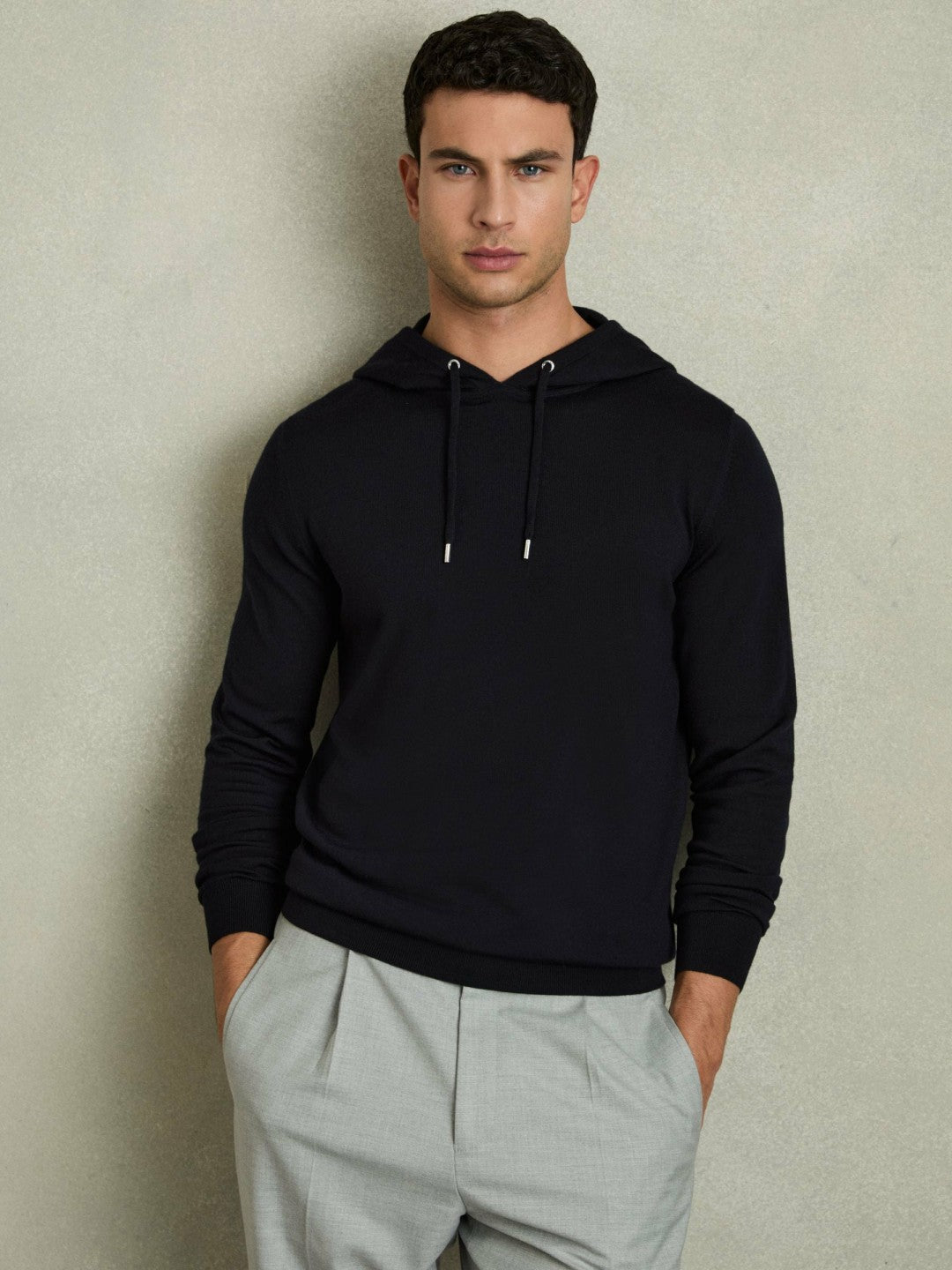 Men Merino Wool Drawstring Hoodie in Navy