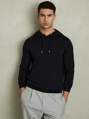 Men Merino Wool Drawstring Hoodie in Navy