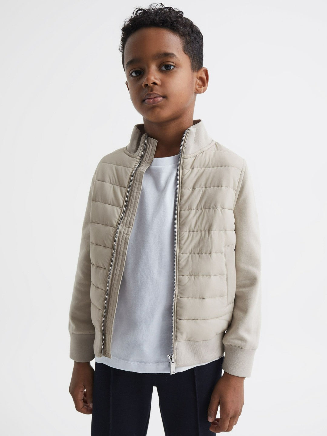 Children & Baby 3-9 yrs Funnel Neck Quilted Hybrid Jacket in Stone
