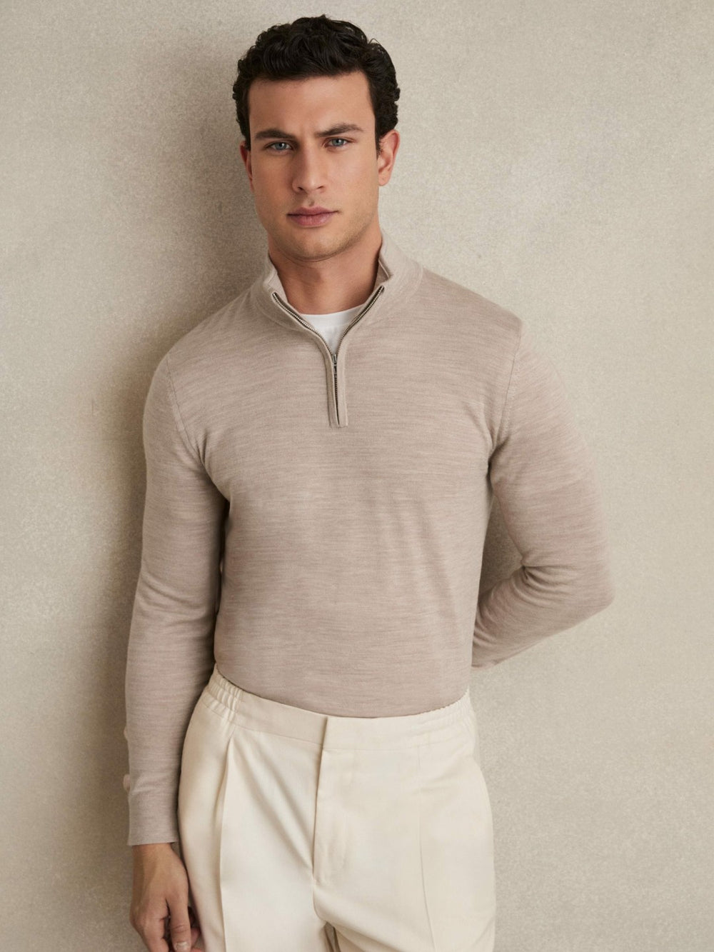 Men Merino Wool Half-Zip Jumper in Wheat Melange