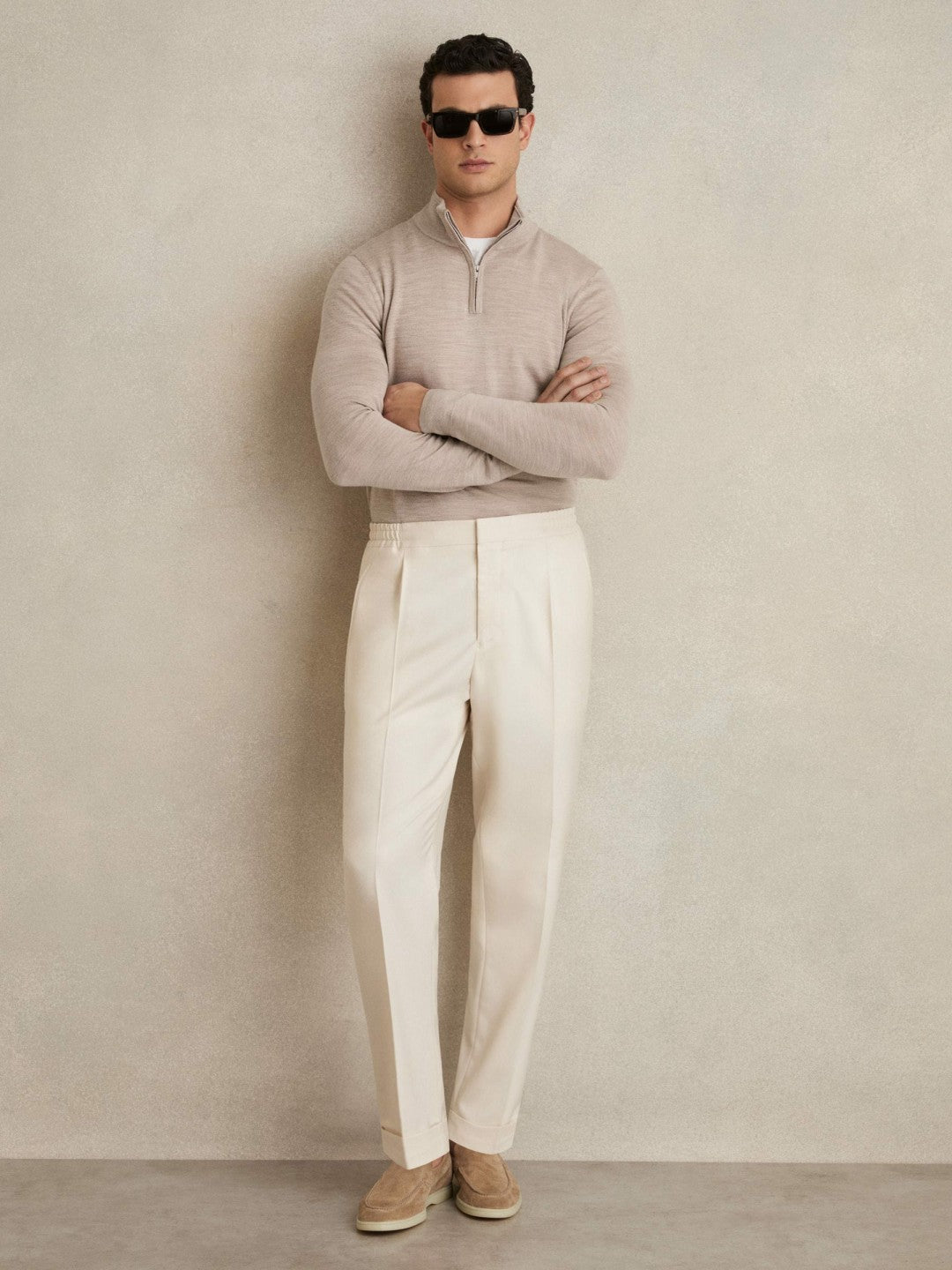 Men Merino Wool Half-Zip Jumper in Wheat Melange