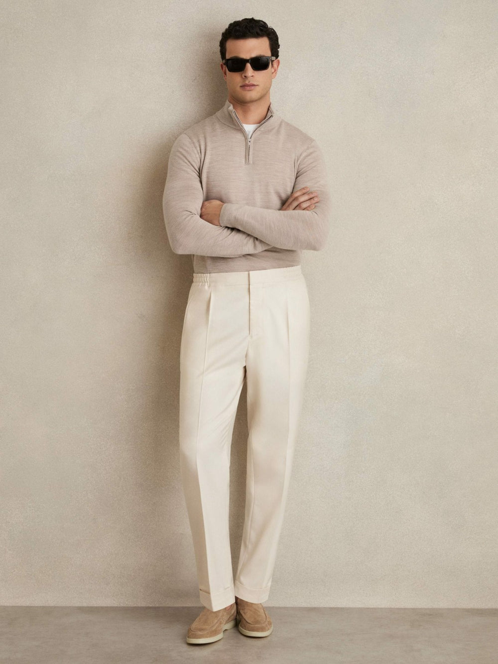 Men Merino Wool Half-Zip Jumper in Wheat Melange