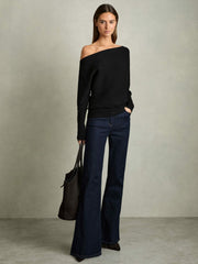 Women Asymmetric Draped Knitted Jumper in Black