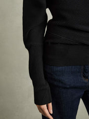 Women Asymmetric Draped Knitted Jumper in Black