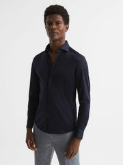 Men Cotton-Blend Jersey Cutaway-Collar Shirt in Navy