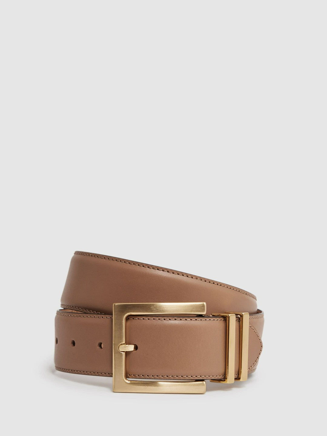 Women Leather Square Buckle Belt in Camel/Taupe