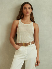Women Leather Square Buckle Belt in Camel/Taupe