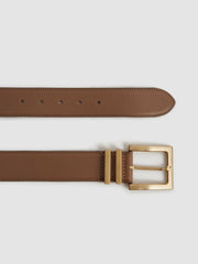 Women Leather Square Buckle Belt in Camel/Taupe