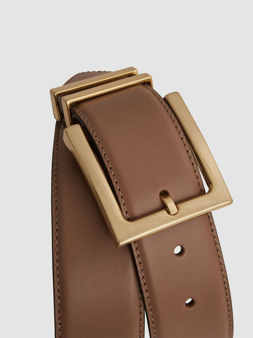 Women Leather Square Buckle Belt in Camel/Taupe
