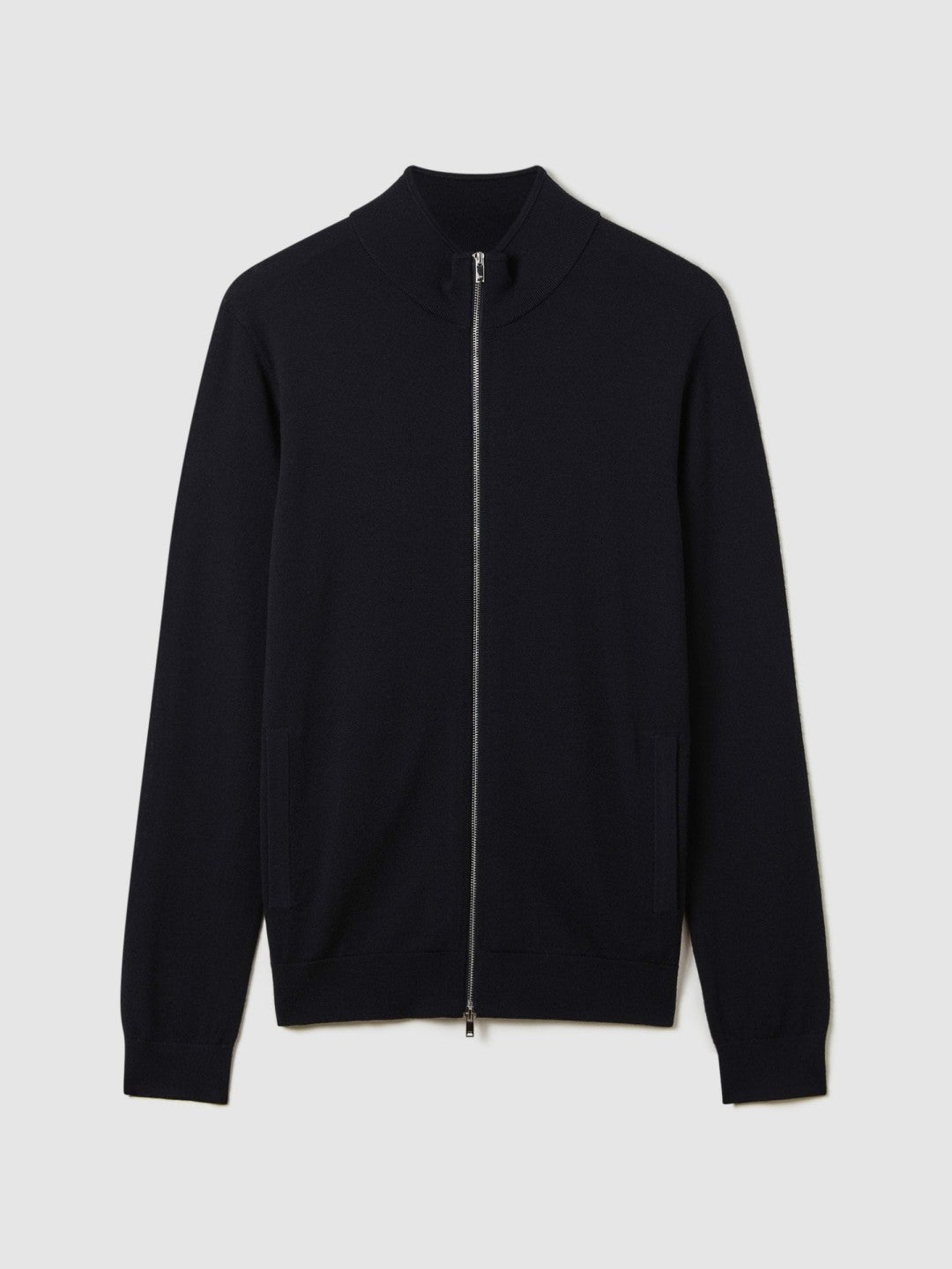 Men Merino Wool Zip-Through Cardigan in Navy