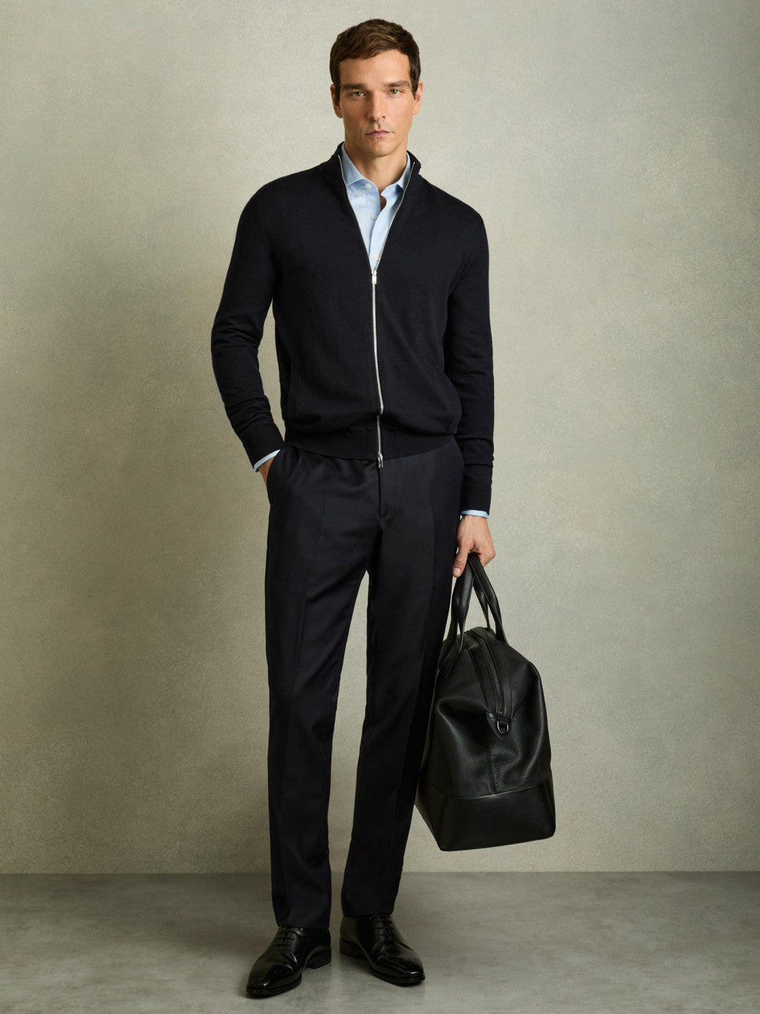 Men Merino Wool Zip-Through Cardigan in Navy