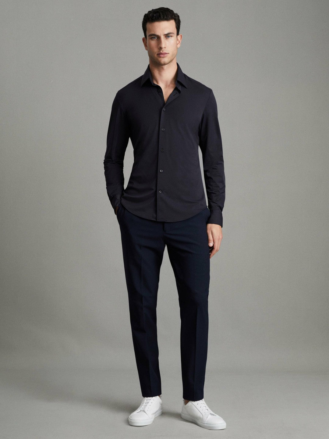 Men Regular Fit Button-Through Travel Shirt in Navy