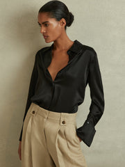 Women Petite Silk Double-Cuff Button-Through Shirt in Black