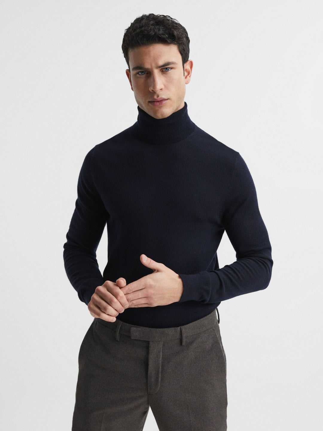 Men Slim Fit Merino Wool Roll Neck Jumper in Navy