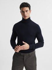 Men Slim Fit Merino Wool Roll Neck Jumper in Navy