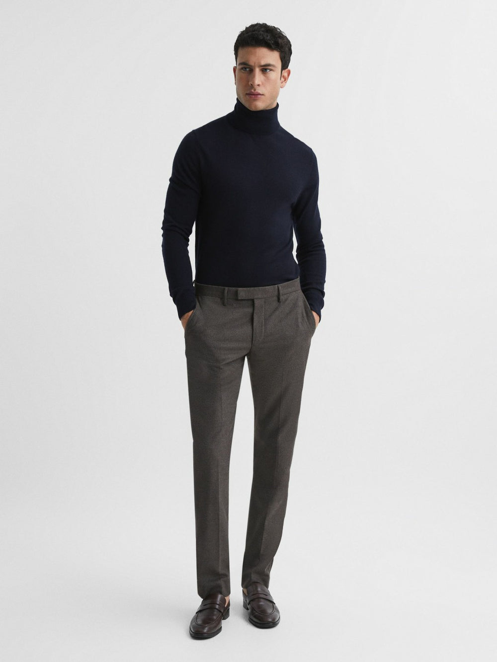 Men Slim Fit Merino Wool Roll Neck Jumper in Navy