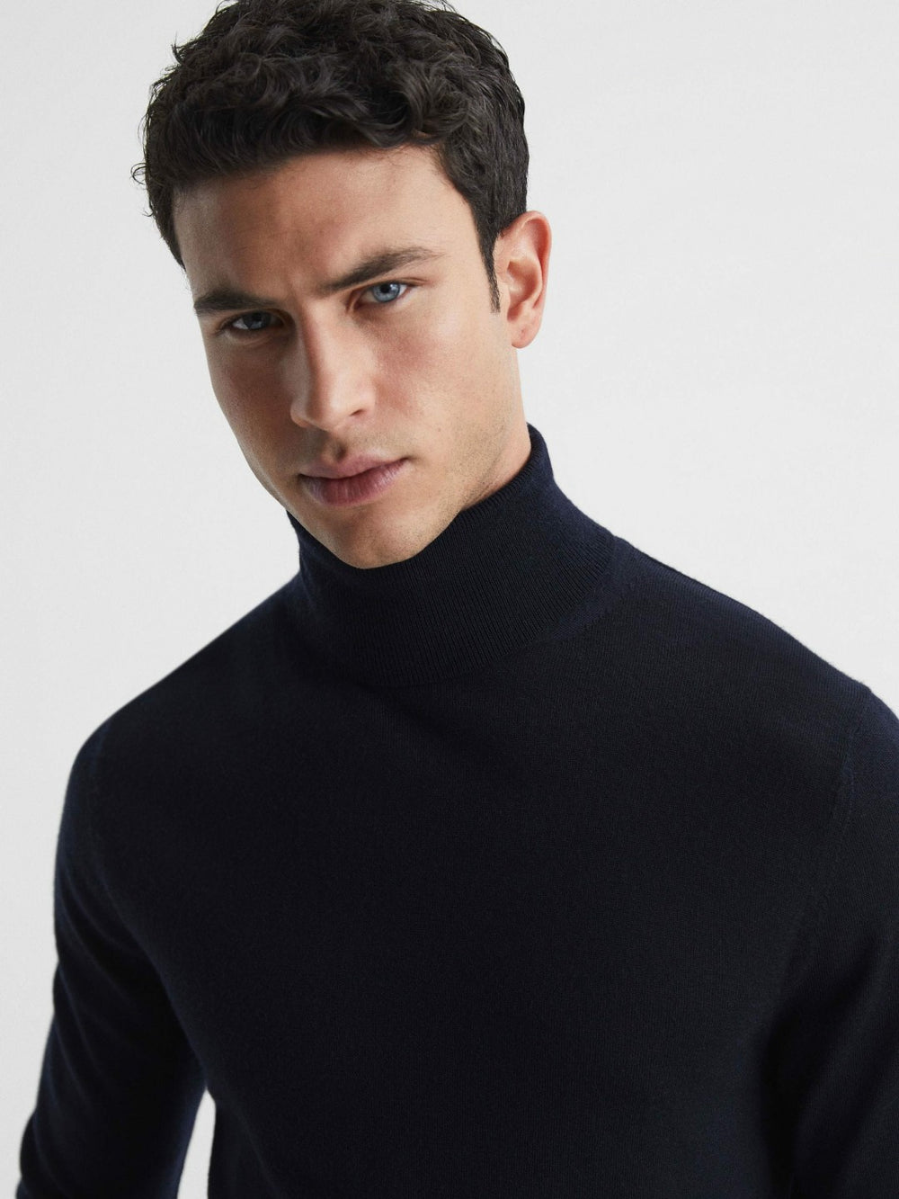 Men Slim Fit Merino Wool Roll Neck Jumper in Navy