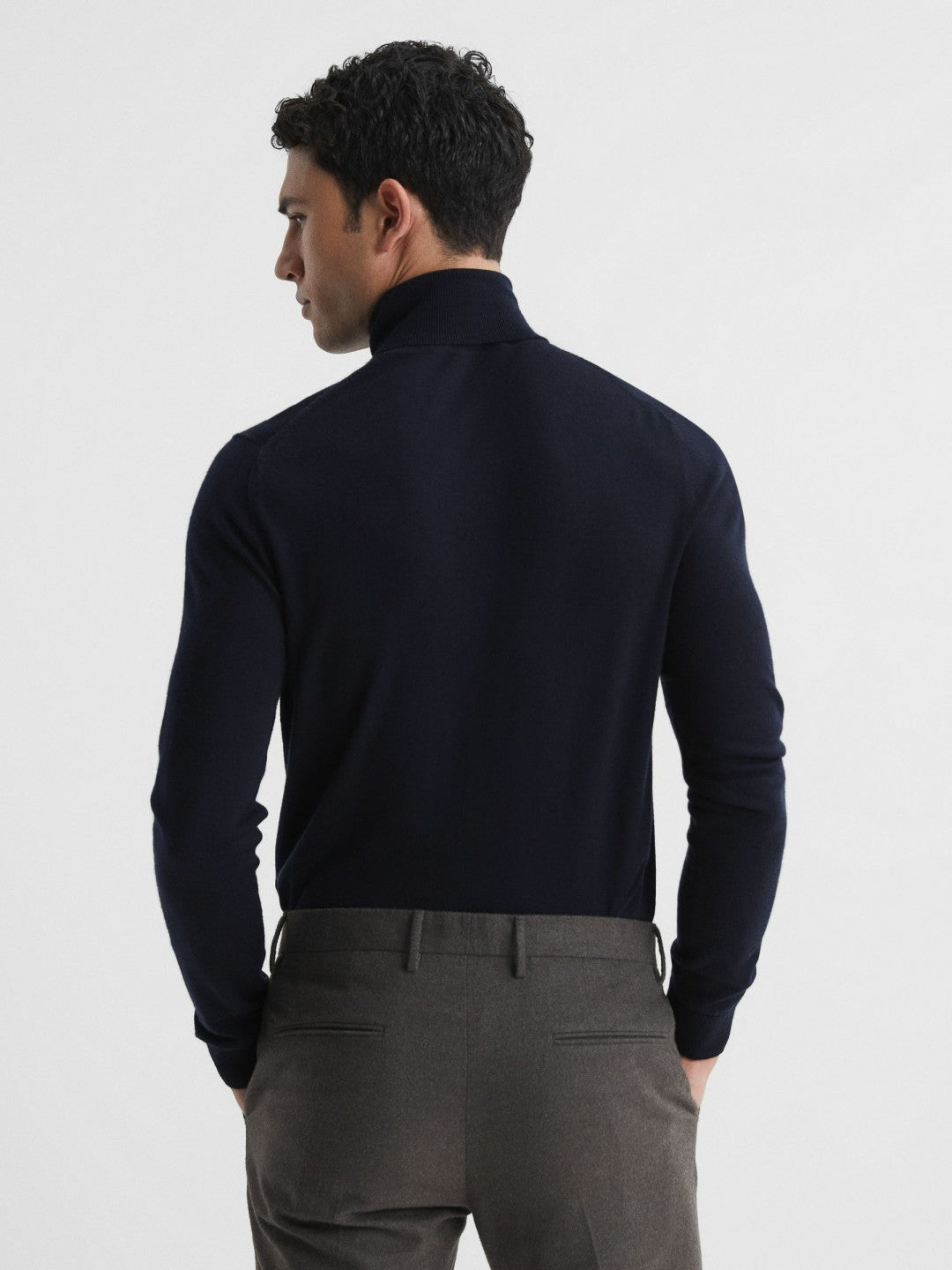 Men Slim Fit Merino Wool Roll Neck Jumper in Navy