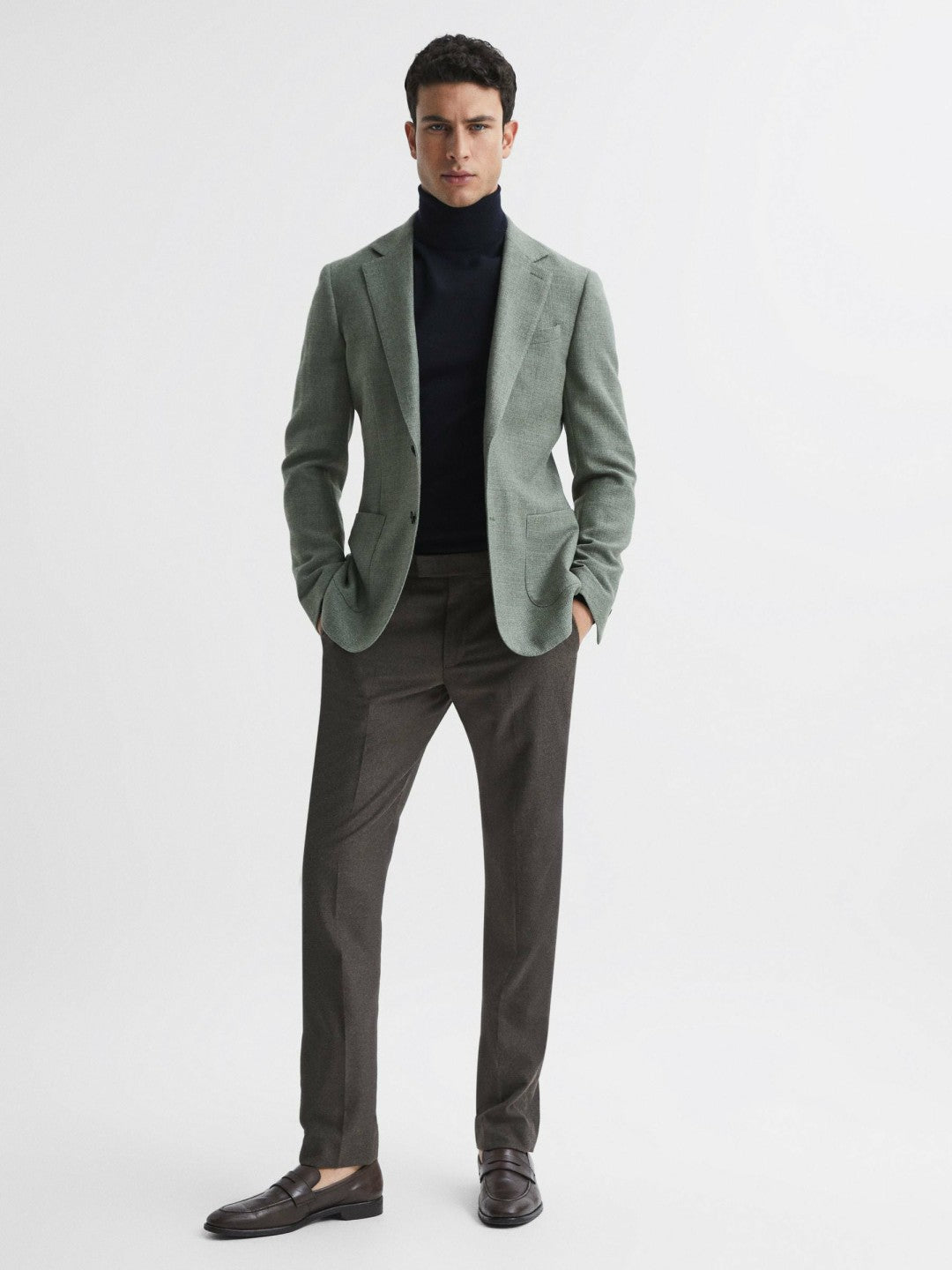 Men Slim Fit Merino Wool Roll Neck Jumper in Navy