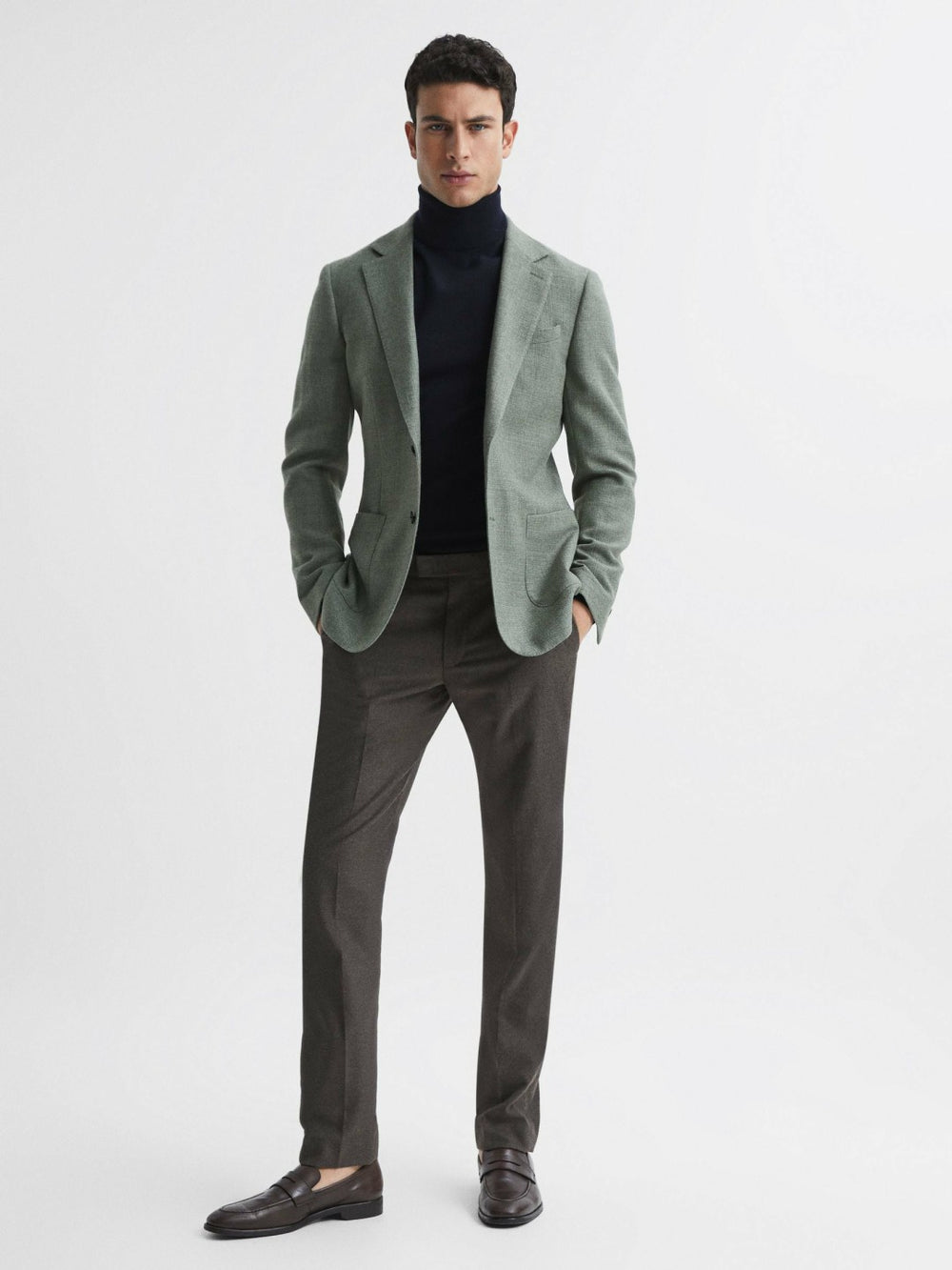 Men Slim Fit Merino Wool Roll Neck Jumper in Navy