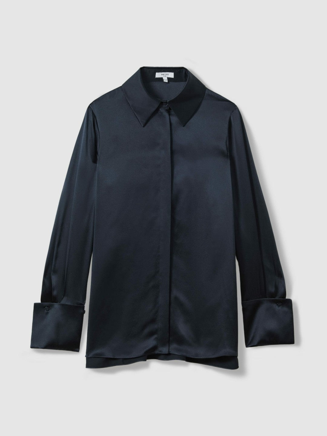 Women Silk Double-Cuff Button-Through Shirt in Navy