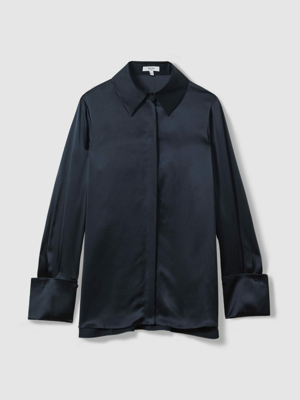 Women Silk Double-Cuff Button-Through Shirt in Navy