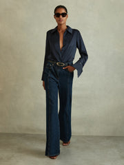 Women Silk Double-Cuff Button-Through Shirt in Navy