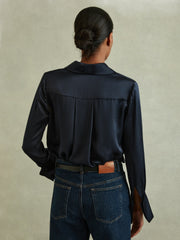 Women Silk Double-Cuff Button-Through Shirt in Navy