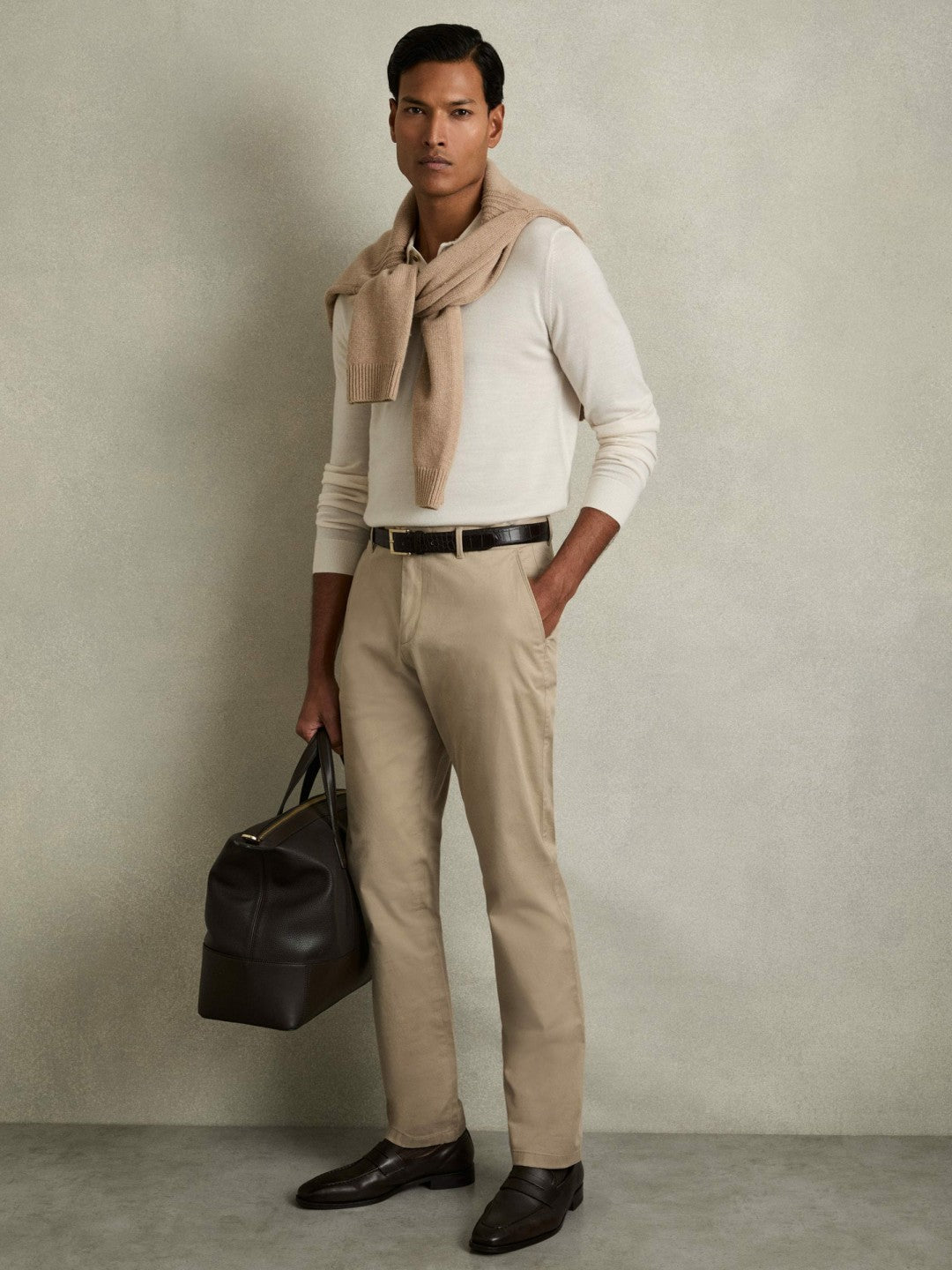 Men Slim Fit Washed Cotton Blend Chinos in Stone