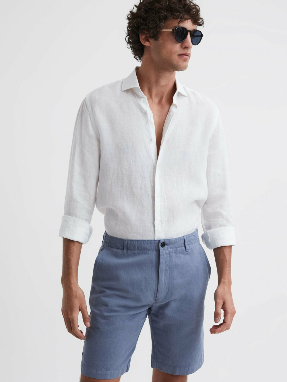 Men Cotton-Linen Blend Shorts in Airforce Blue