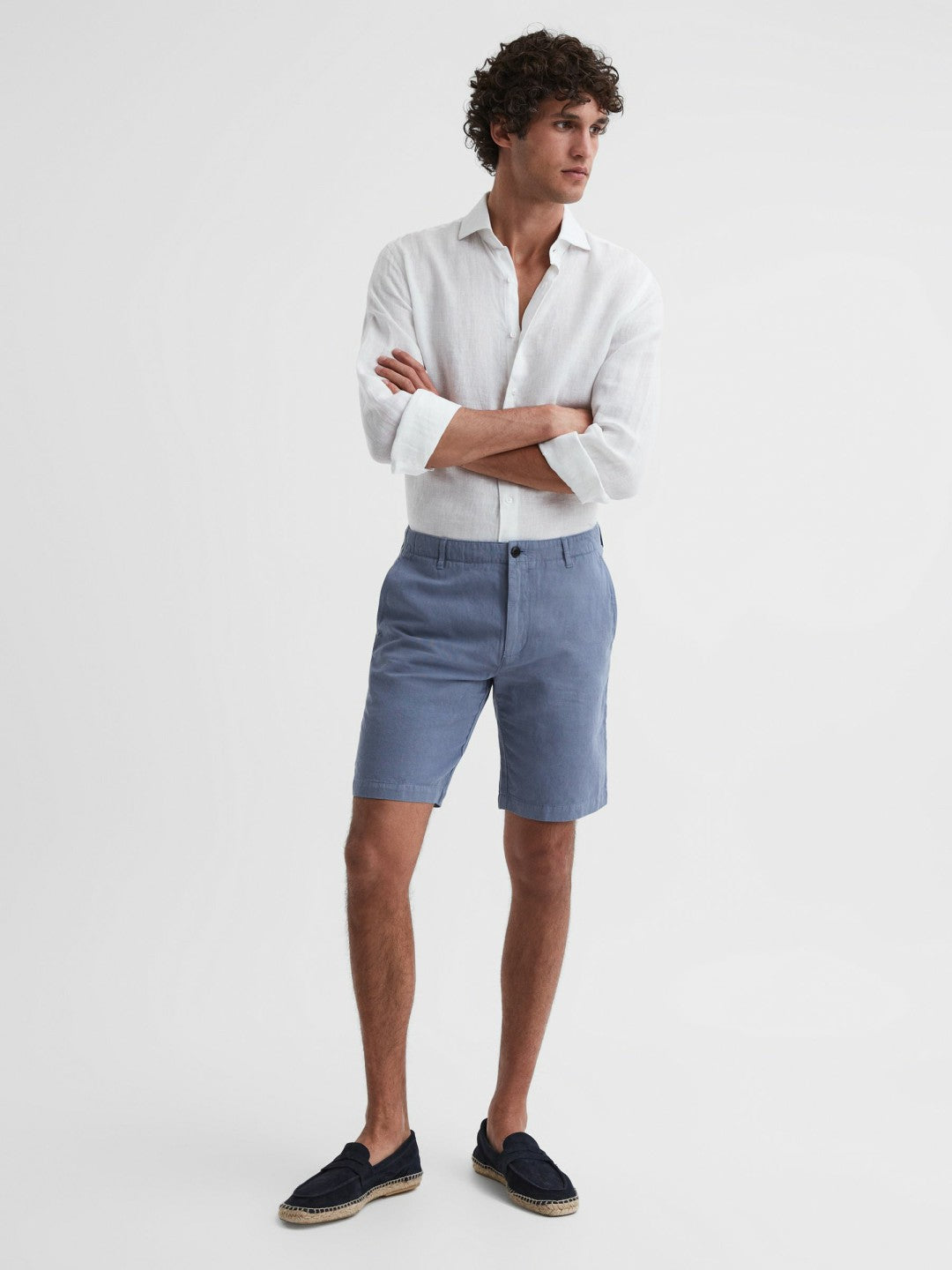 Men Cotton-Linen Blend Shorts in Airforce Blue