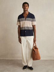 Men Stripe Textured-Knit Cuban-Collar Shirt in Navy/Stone