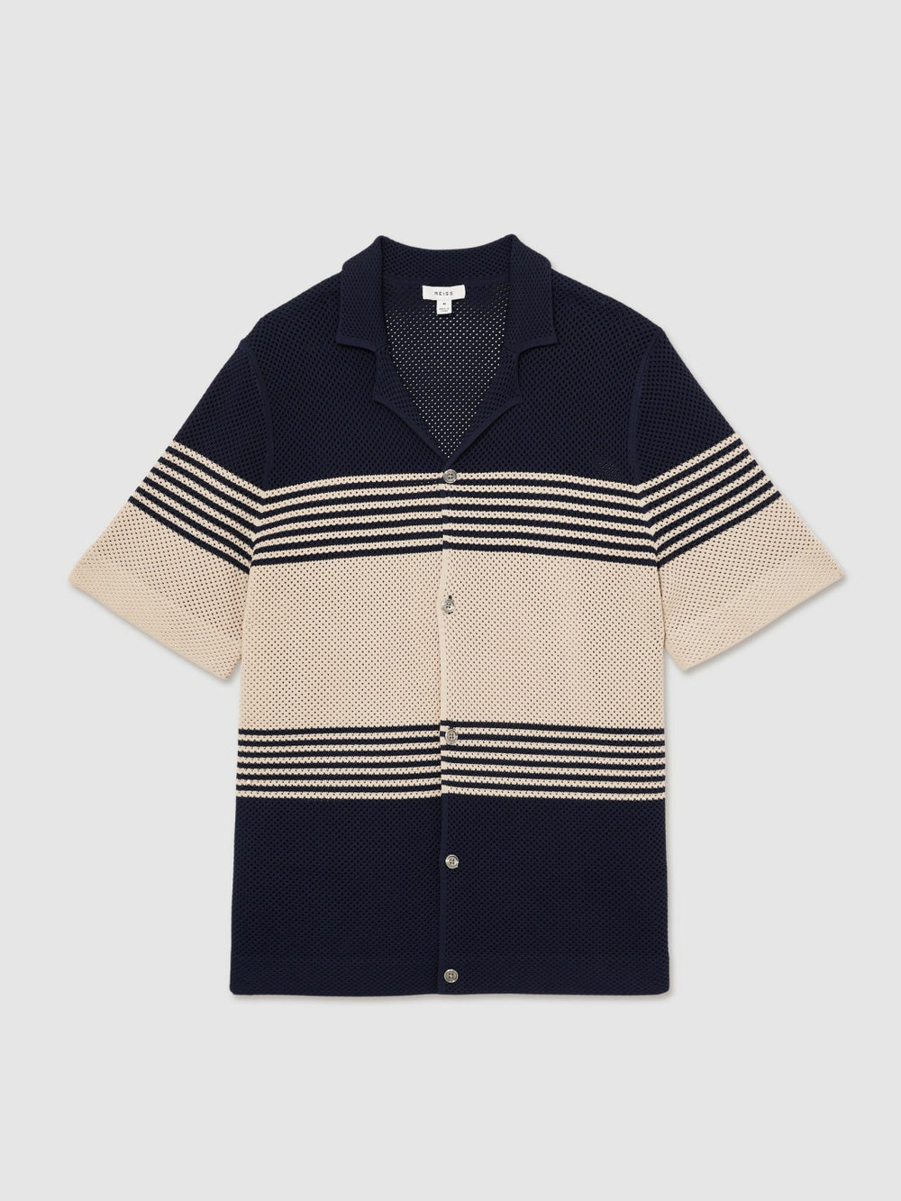Men Stripe Textured-Knit Cuban-Collar Shirt in Navy/Stone