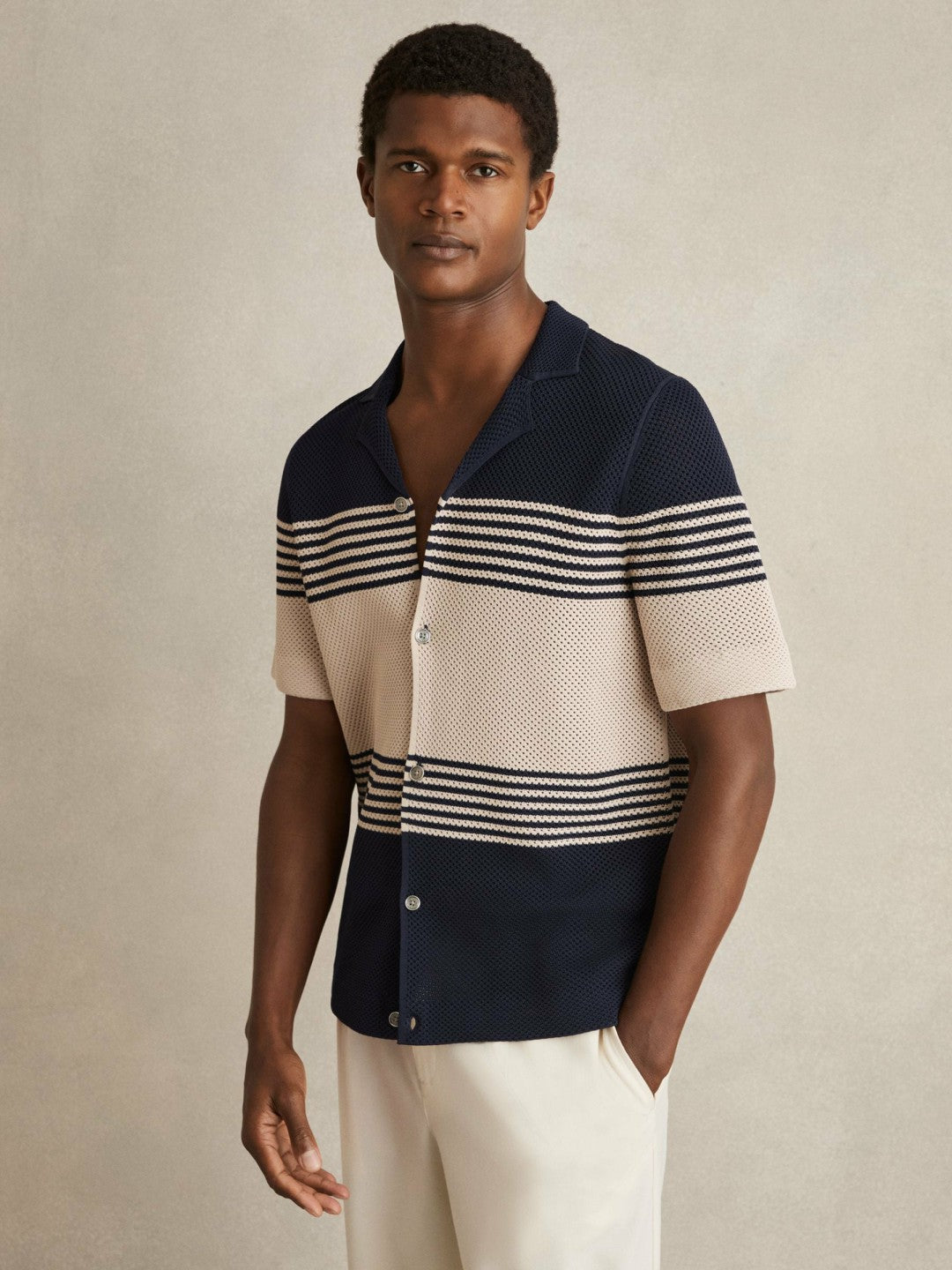 Men Stripe Textured-Knit Cuban-Collar Shirt in Navy/Stone