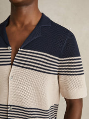 Men Stripe Textured-Knit Cuban-Collar Shirt in Navy/Stone