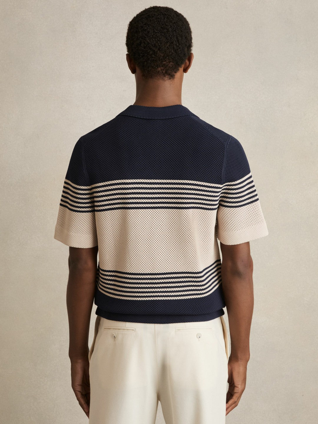Men Stripe Textured-Knit Cuban-Collar Shirt in Navy/Stone