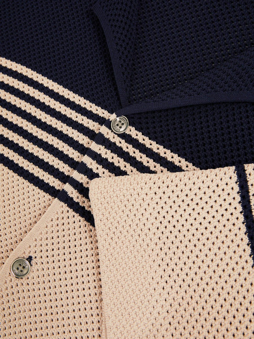 Men Stripe Textured-Knit Cuban-Collar Shirt in Navy/Stone