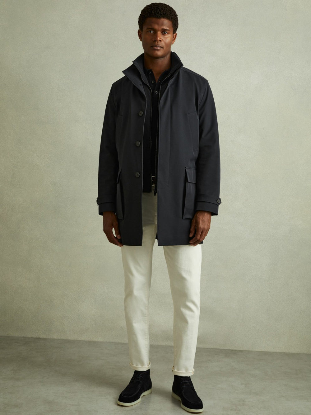Men Hybrid Removable Funnel Neck Overcoat in Navy
