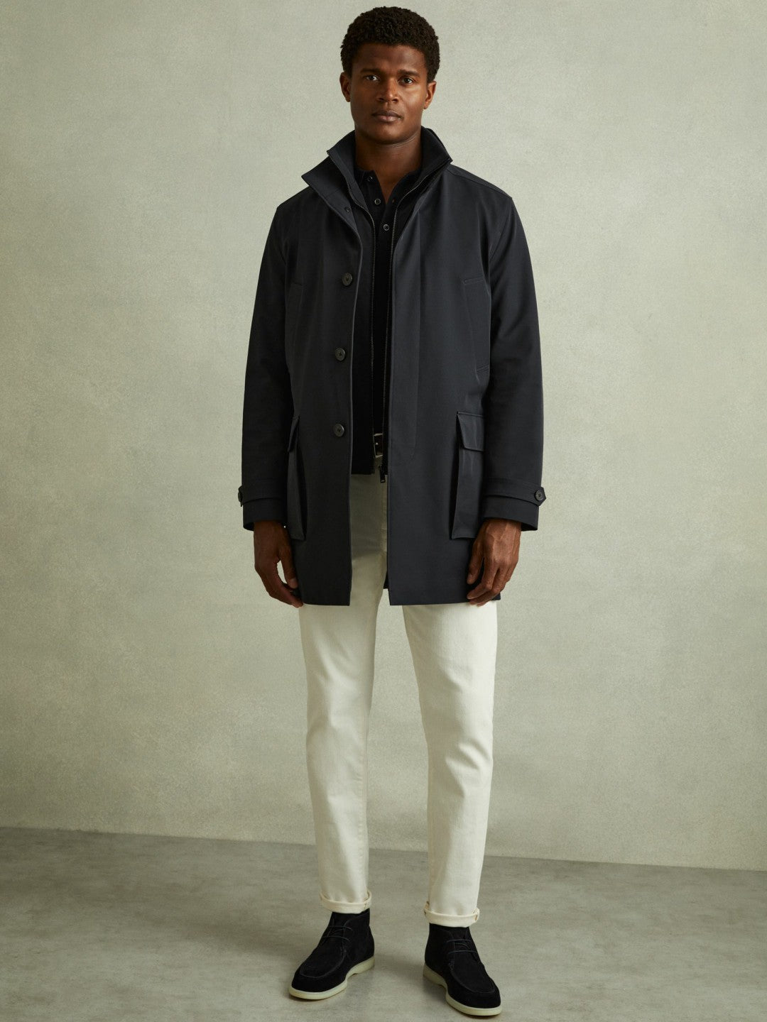 Men Hybrid Removable Funnel Neck Overcoat in Navy