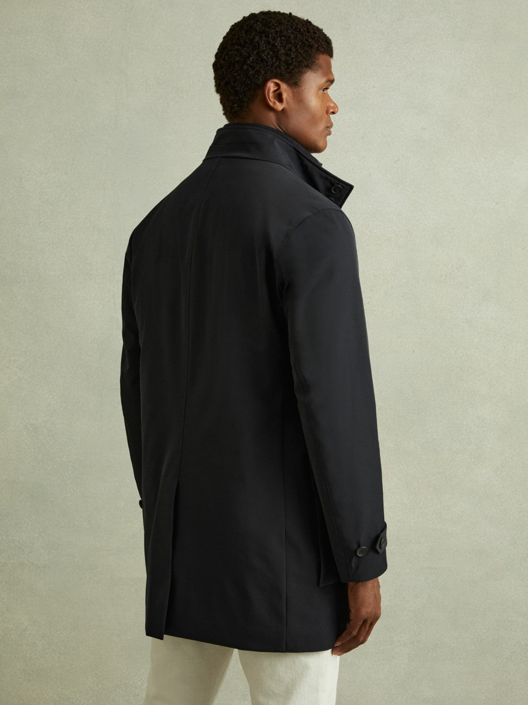 Men Hybrid Removable Funnel Neck Overcoat in Navy